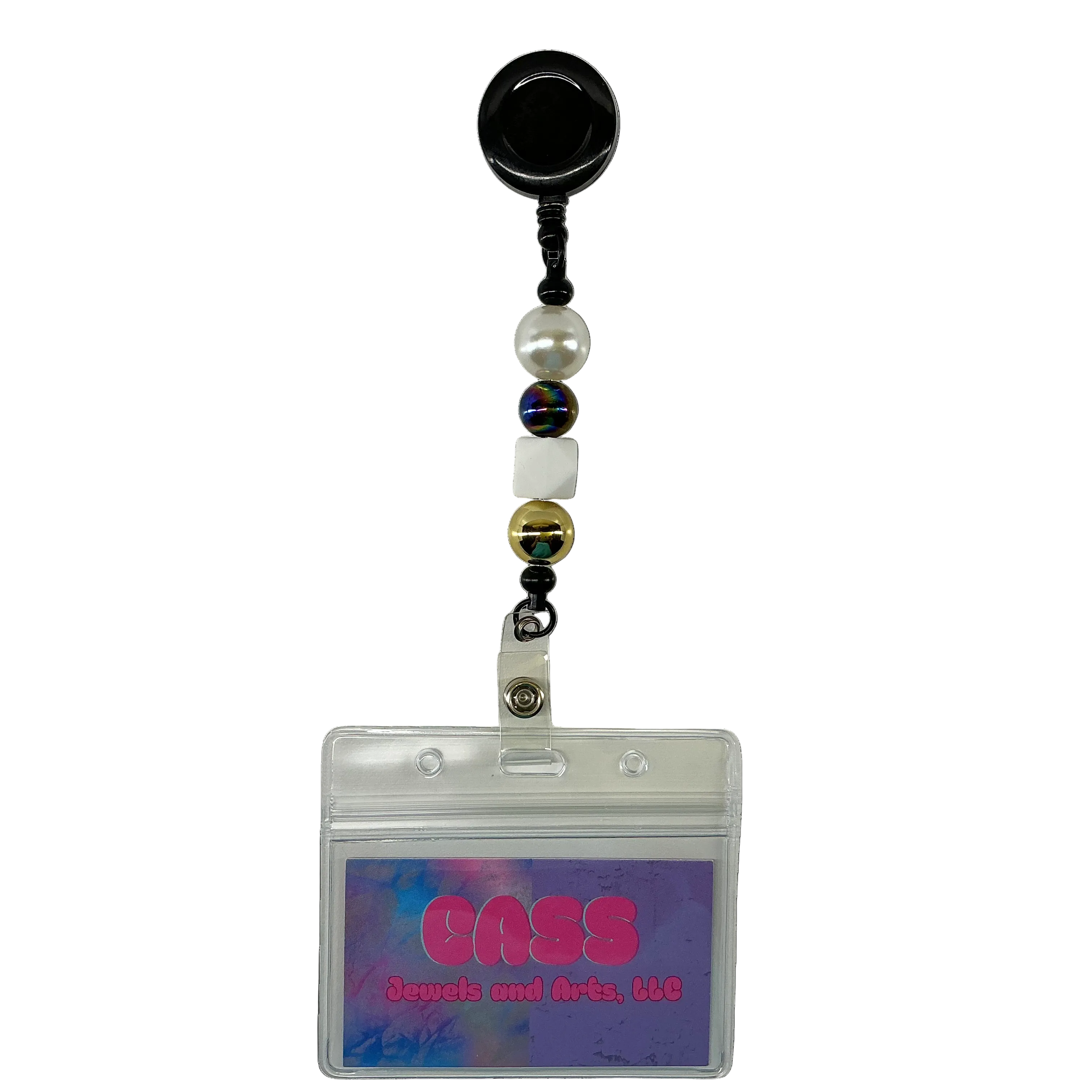Black and gold badge reel