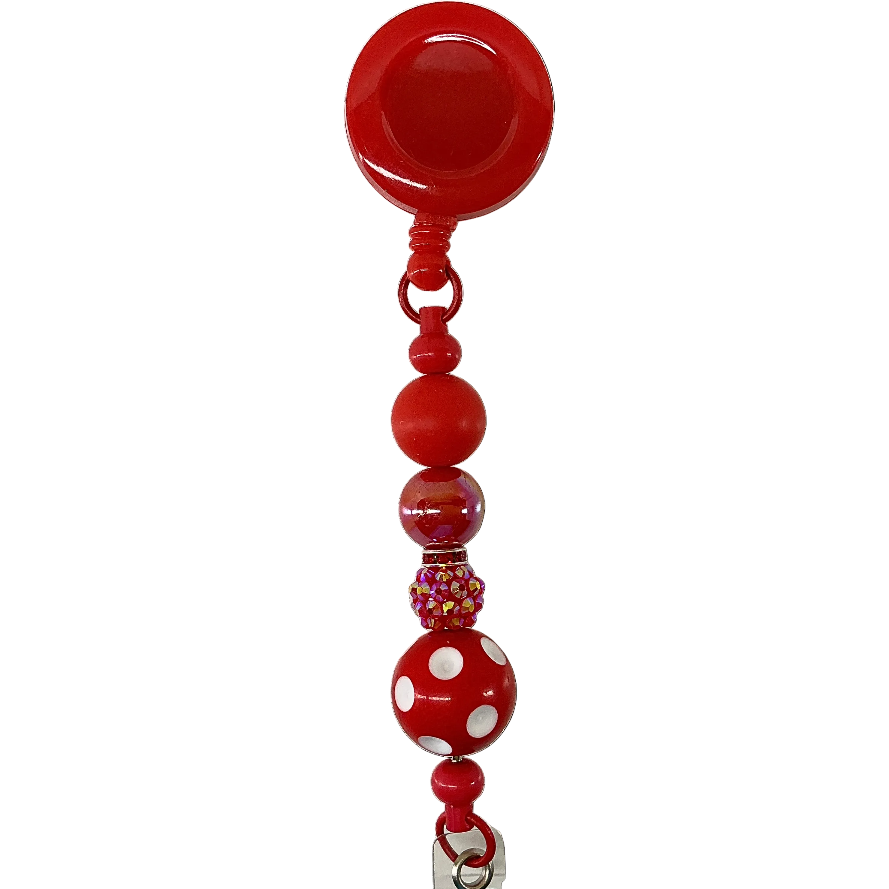 Red polka dot badge reel